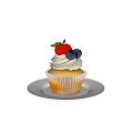 Delicious Cupcake With Whipped Cream Topped Fresh Strawberry And Blueberries On White Plate