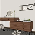 Modern Wooden Dressing Table With Round Mirror Vase Flowers Stool Shelf And Floor Lamp