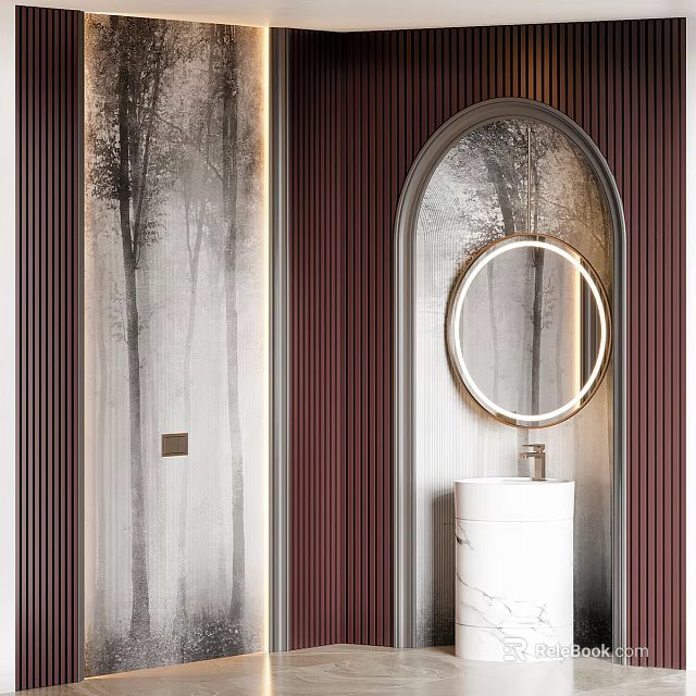 Elegant Modern Bathroom Washbasin Interior With Marble Counter Round Mirror And Wooden Slats 3d model 