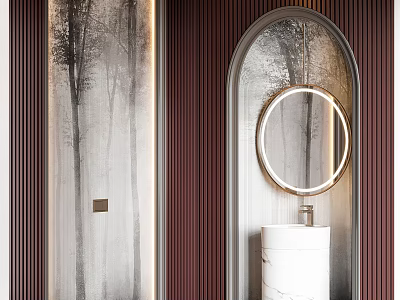 Elegant Modern Bathroom Washbasin Interior With Marble Counter Round Mirror And Wooden Slats 3d model