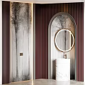 Elegant Modern Bathroom Washbasin Interior With Marble Counter Round Mirror And Wooden Slats