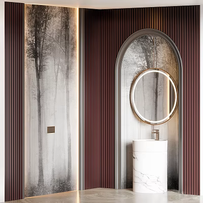 Elegant Modern Bathroom Washbasin Interior With Marble Counter Round Mirror And Wooden Slats 3d model