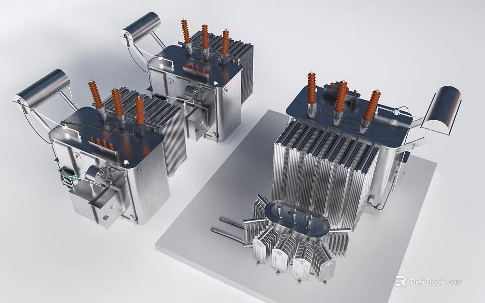 Industrial Electrical Transformers With Metal Casing Heat Sink Fins And Orange Terminal Posts 3d model 