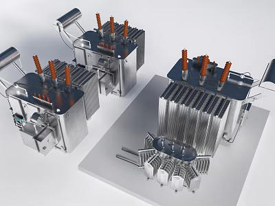 Industrial Electrical Transformers With Metal Casing Heat Sink Fins And Orange Terminal Posts 3d model