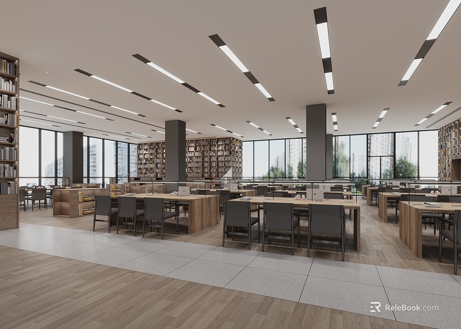 Modern Library Interior Design With Bookshelves Tables Chairs And Windows 3d model 
