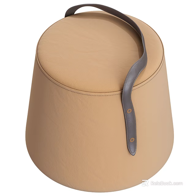 Round Beige Leather Stool With Dark Strap And Metal Studs Modern Design 3d model