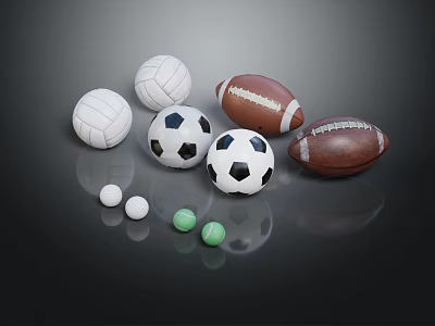 Various Sports Balls Including Volleyballs Soccer Balls Footballs and Golf Balls on Dark Reflective Surface 3d model