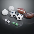 Various Sports Balls Including Volleyballs Soccer Balls Footballs and Golf Balls on Dark Reflective Surface