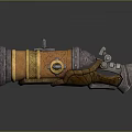 Vintage Steampunk Weapon With Metal And Wood Design Features Red Button And Decorative Details
