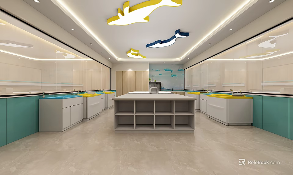 Modern Laboratory Interior With Workstations Cabinets And Decorative Ceiling Lights 3d model