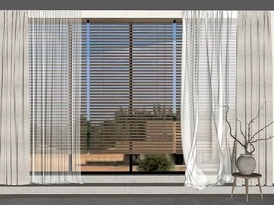 White Sheer Curtains With Wooden Blinds In Modern Room Interior View 3d model
