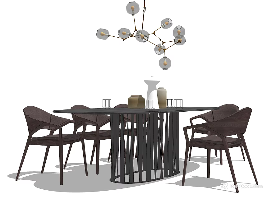 Modern Dark Colored Dining Table Set With Round Top Chairs And Pendant Light Decor 3d model