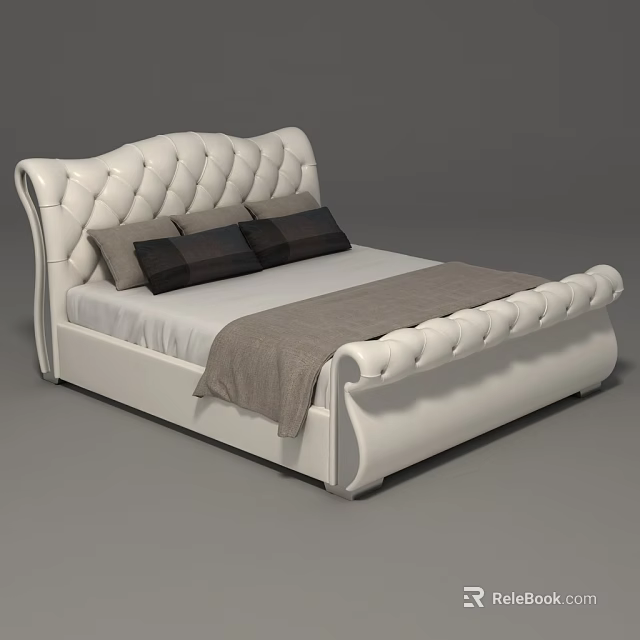 Elegant White Leather Double Bed With Diamond Tufted Headboard Gray Pillows And Throw Blanket 3d model 
