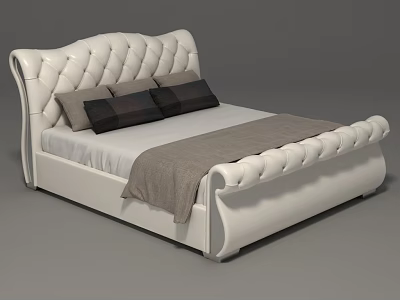 Elegant White Leather Double Bed With Diamond Tufted Headboard Gray Pillows And Throw Blanket 3d model