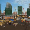 Busy Construction Site With High Rise Buildings Cranes Heavy Machinery Materials And Workers