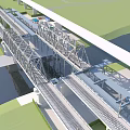 Modern Railway Bridge With Multiple Rail Tracks Over Water And Green Grass
