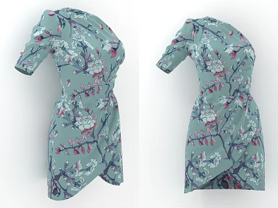 Light Green Floral Pattern Short Sleeve Wrap Waist Dress With Asymmetric Hem 3d model