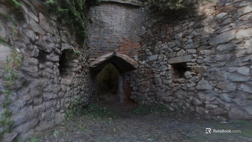 Abandoned Industrial Factory Ruins With Stone Walls Arched Entrance And Small Windows 3d model 