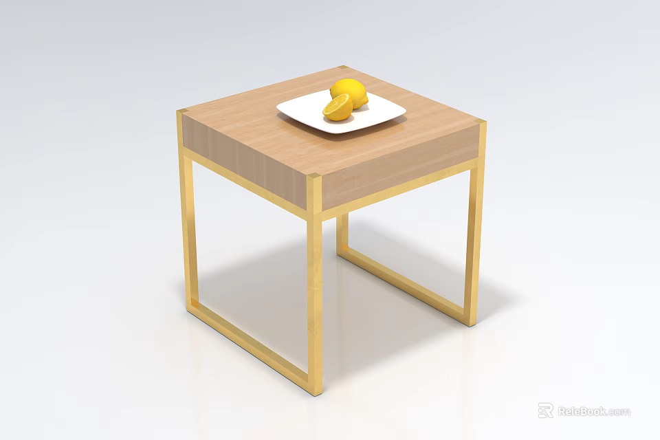 Stylish Coffee Table With Wooden Top And Golden Metal Frame Featuring White Plate And Lemon 3d model 