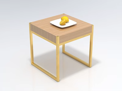 Stylish Coffee Table With Wooden Top And Golden Metal Frame Featuring White Plate And Lemon 3d model