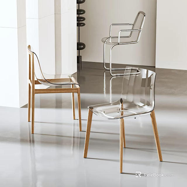 Transparent Acrylic Leisure Chair With Wooden Legs In Modern Minimalist Living Room Design 3d model 