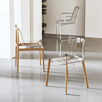 Transparent Acrylic Leisure Chair With Wooden Legs In Modern Minimalist Living Room Design 3d model