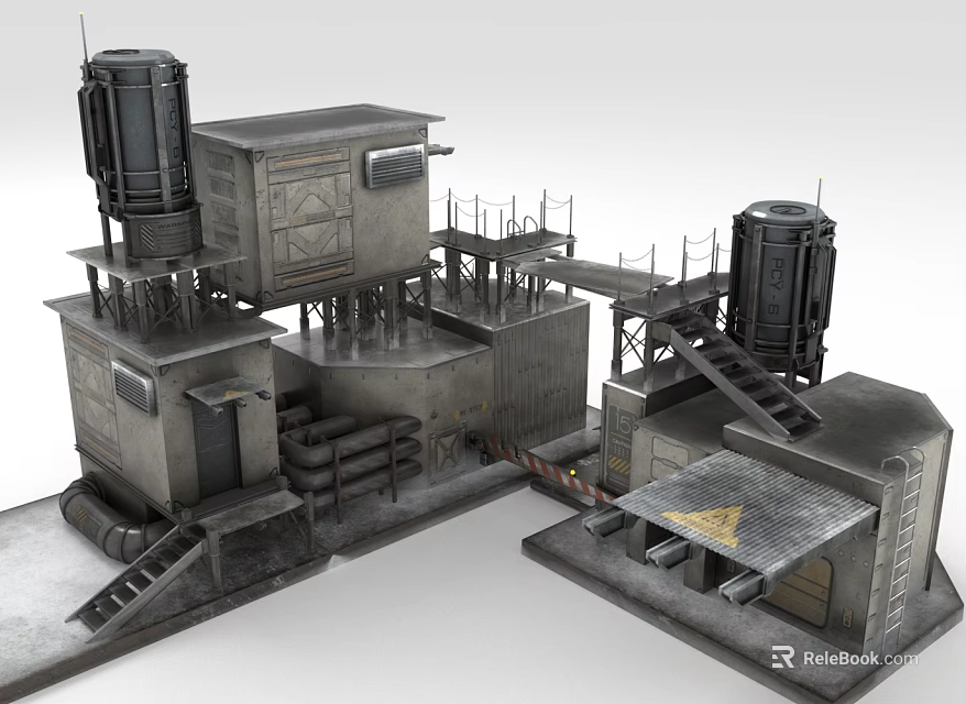 Cartoon Industrial Facility Scene With Grey Buildings Pipes Towers Stairs Platforms Warning Signs 3d model 