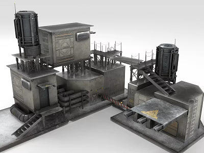 Cartoon Industrial Facility Scene With Grey Buildings Pipes Towers Stairs Platforms Warning Signs 3d model