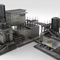 Cartoon Industrial Facility Scene With Grey Buildings Pipes Towers Stairs Platforms Warning Signs