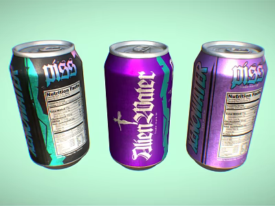 Vibrant Purple And Black Beverage Cans With Blue Water Miss Labels 3d model