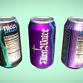 Vibrant Purple And Black Beverage Cans With Blue Water Miss Labels