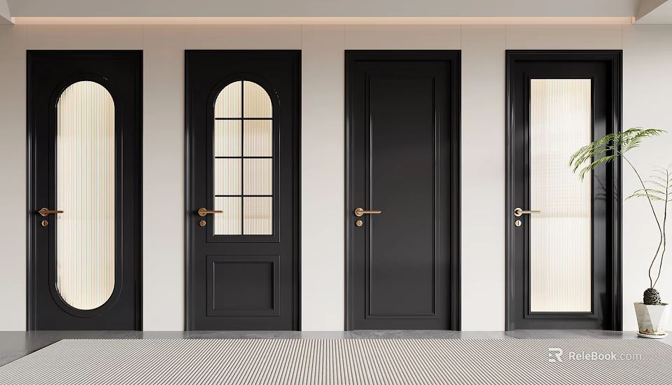 Modern Black Hinged Doors With Glass Panels And Solid Designs For Interior Decoration 3d model 