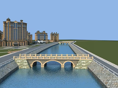 Stone Arch Bridge Over River With Modern Buildings And Green Spaces 3d model