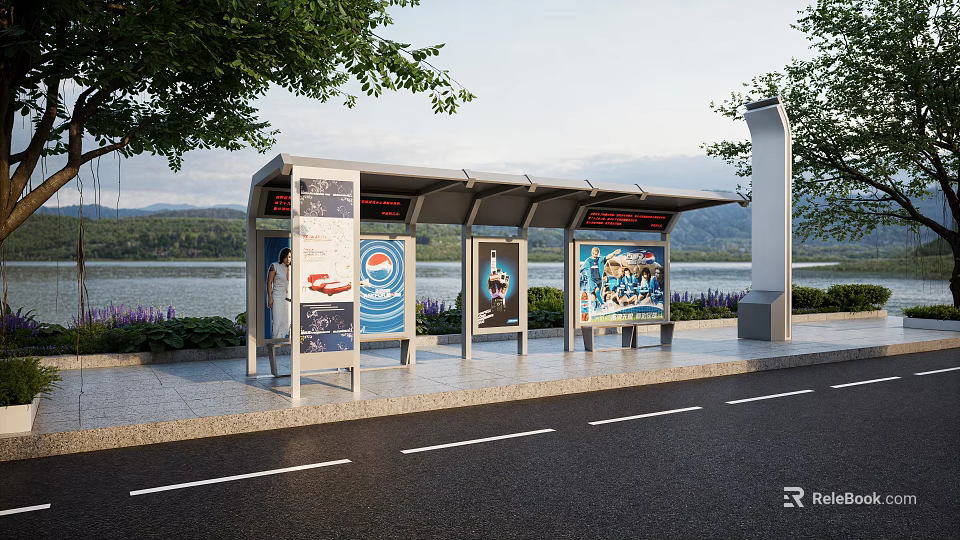 Modern Bus Stop Shelter With Billboards Riverside View Mountain Backdrop And Trees 3d model 
