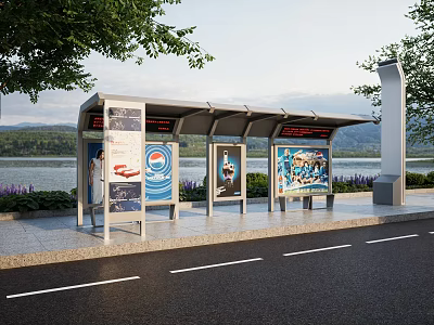 Modern Bus Stop Shelter With Billboards Riverside View Mountain Backdrop And Trees 3d model