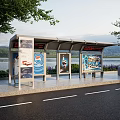 Modern Bus Stop Shelter With Billboards Riverside View Mountain Backdrop And Trees