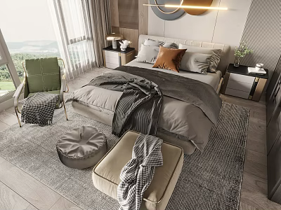 Stylish Modern Bedroom Double Bed with Gray Bedding Pillows Throw Blanket and Accent Chair 3d model