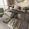 Stylish Modern Bedroom Double Bed with Gray Bedding Pillows Throw Blanket and Accent Chair