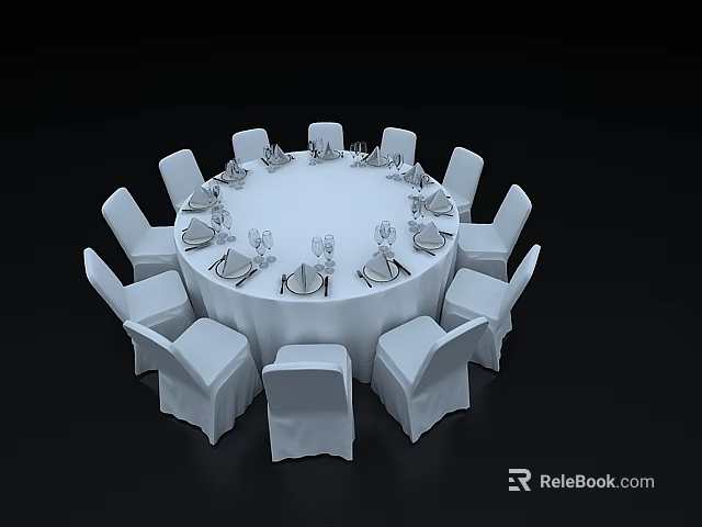 Elegant Round Dining Table Set With White Tablecloth Tableware And Chairs 3d model 