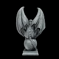 Detailed Winged Demon Sculpture Carving Crouching On Sphere With Pedestal Base