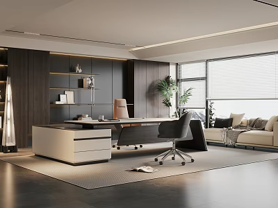 Modern Office Interior Design With Spacious Layout Desk Sofa And Green Plants 3d model
