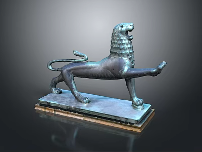 Ancient Style Bronze Lion Statue With Standing Pose Raised Paw And Square Base 3d model