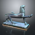 Ancient Style Bronze Lion Statue With Standing Pose Raised Paw And Square Base