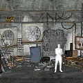 Industrial Art Installation With Gray Walls Large Fans Metal Frames Blue Barrel Ladder Tools