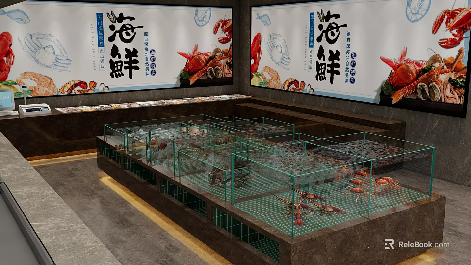 Seafood Restaurant Featuring Fresh Live Seafood Display Tanks With Crabs And Lobsters 3d model 