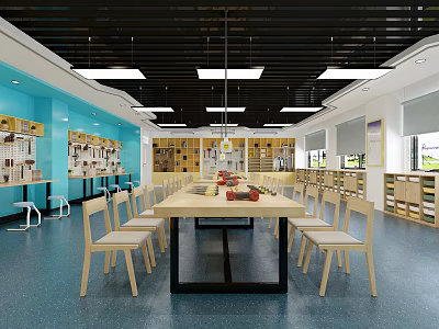 School Art Learning Classroom With Blue Walls Long Wooden Tables Wooden Chairs And Display Shelves 3d model