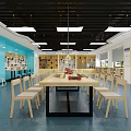 School Art Learning Classroom With Blue Walls Long Wooden Tables Wooden Chairs And Display Shelves