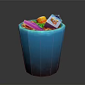 Blue Trash Can Filled With Various Waste Items Like Drink Carton And Plastic