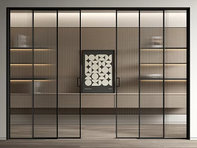 Modern Interior With Black Frame Sliding Doors Grid Design Shelves And Decorative Painting 3d model
