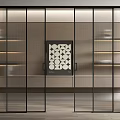 Modern Interior With Black Frame Sliding Doors Grid Design Shelves And Decorative Painting